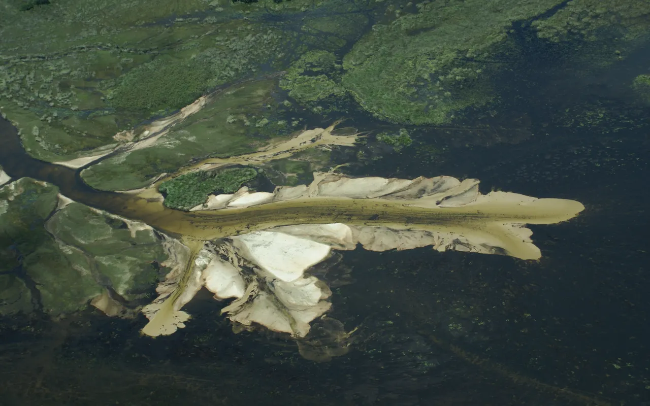 Aerial view down into the channels and islands of the Okavango Delta
