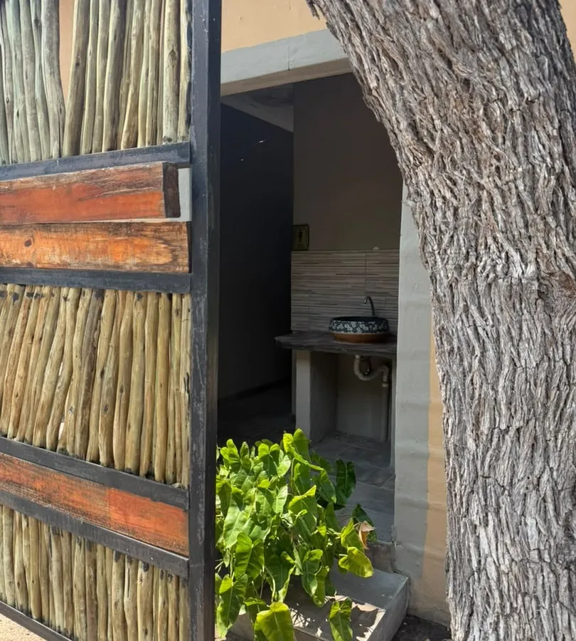 A reed-screened outdoor basin